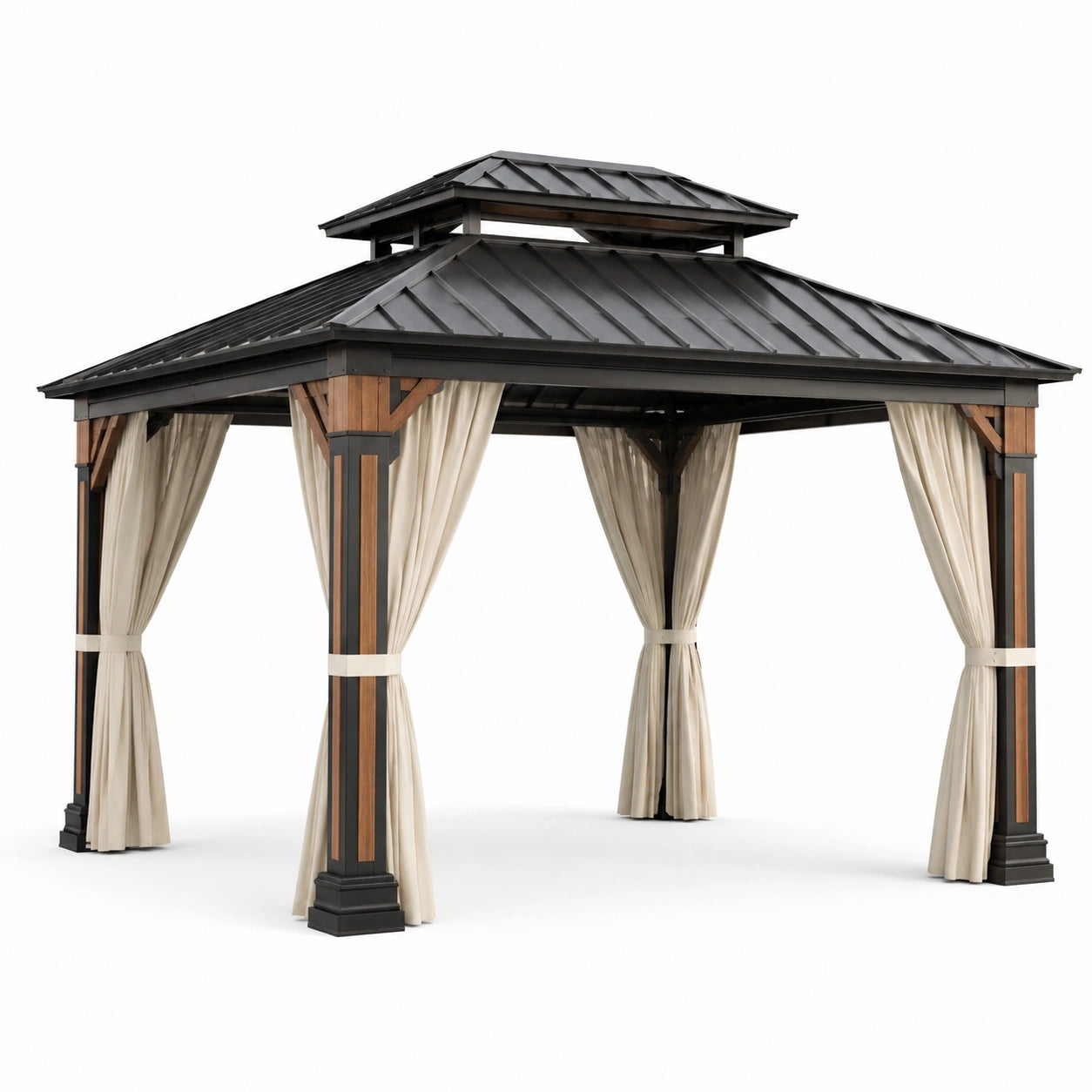 Gartenpavillon Aluminium Holzoptik 3x4m Beige Vorhänge
