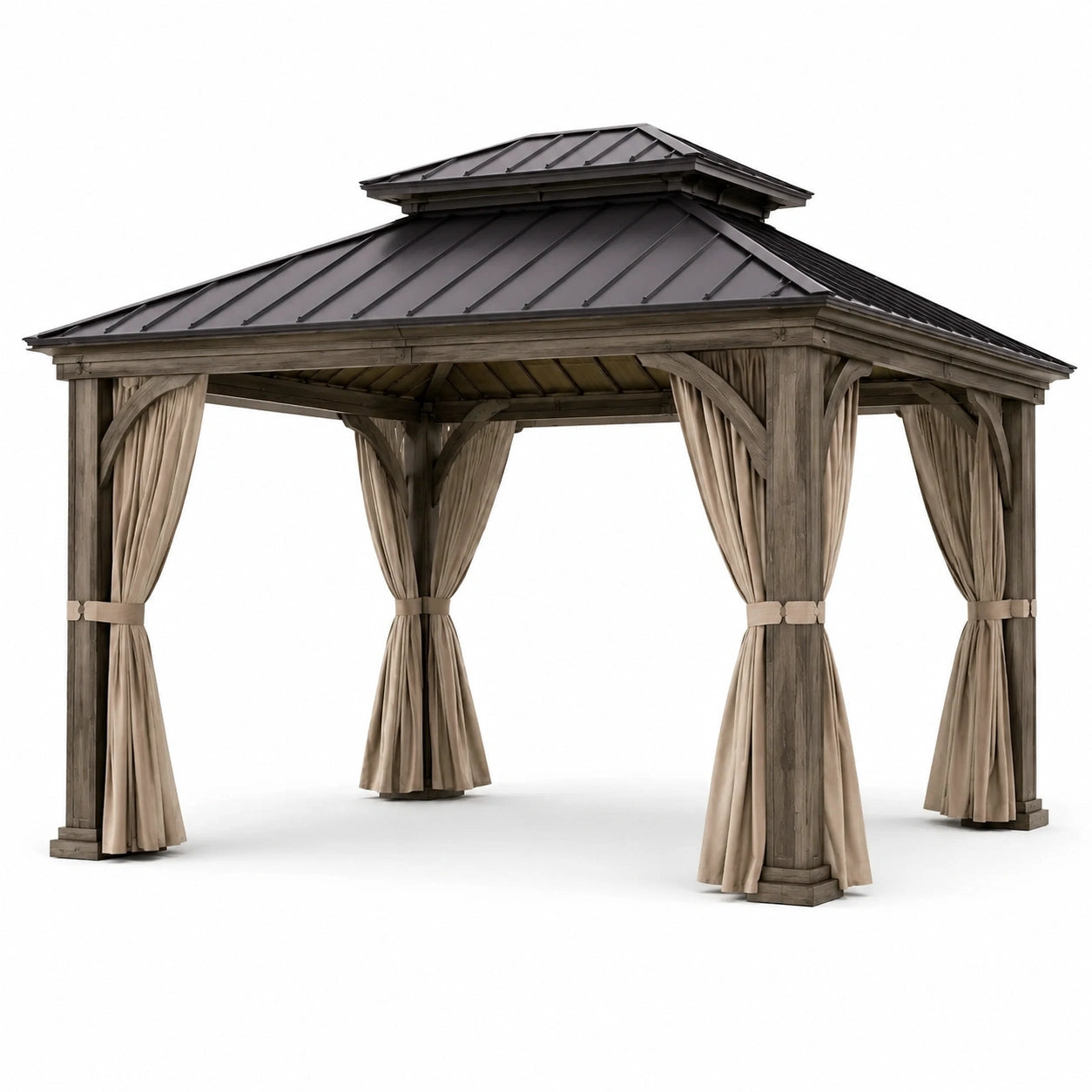 Holzpavillon mit Stahlblechdach und Polyester Vorhängen