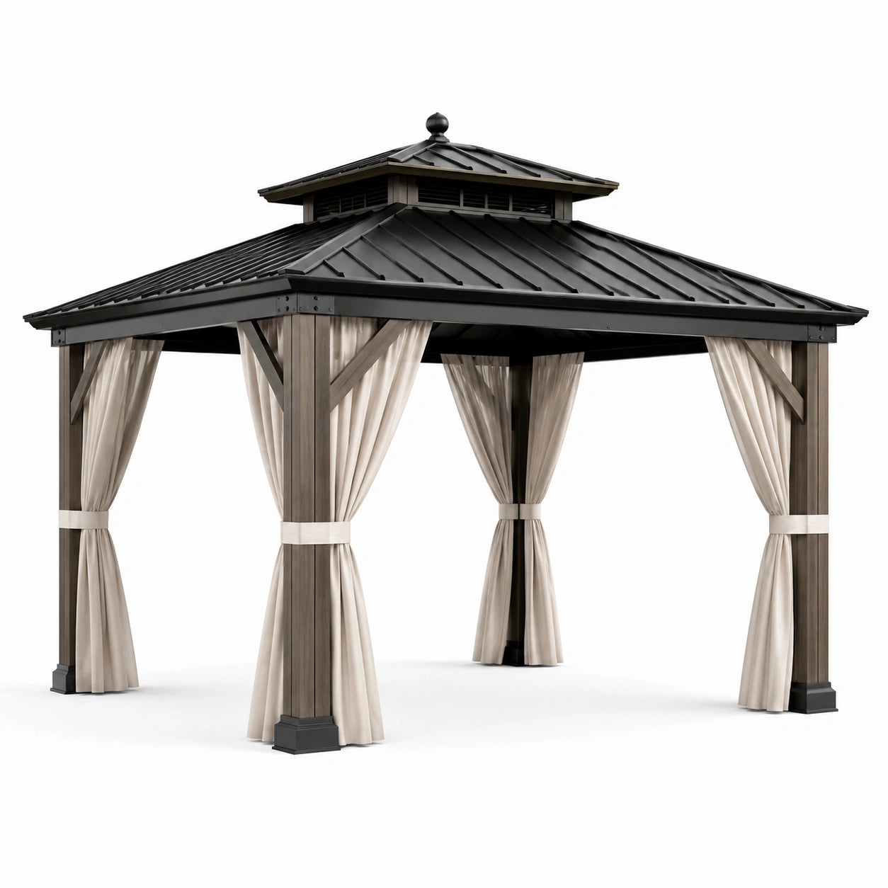 Metall Pavillon mit Aluminiumdach und Polyester Vorhängen 3x4m Schwarz/Braun