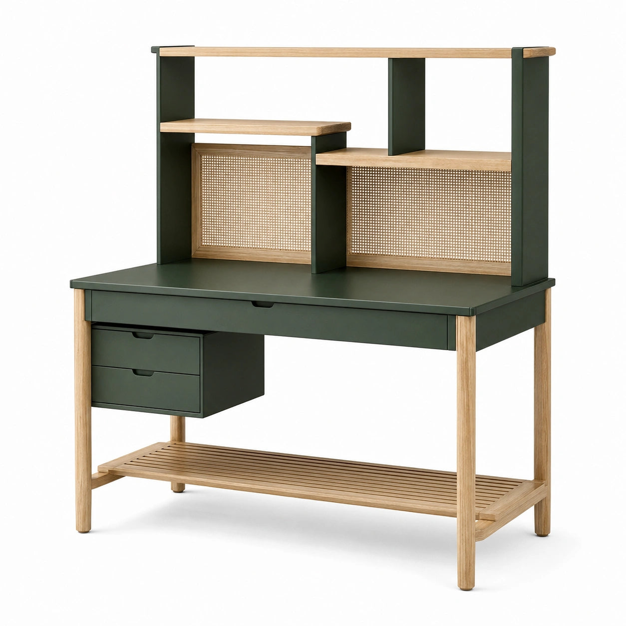 Schreibtisch aus MDF und Eichenholz mit Rattanrückseite, dunkelgrün, 120 cm