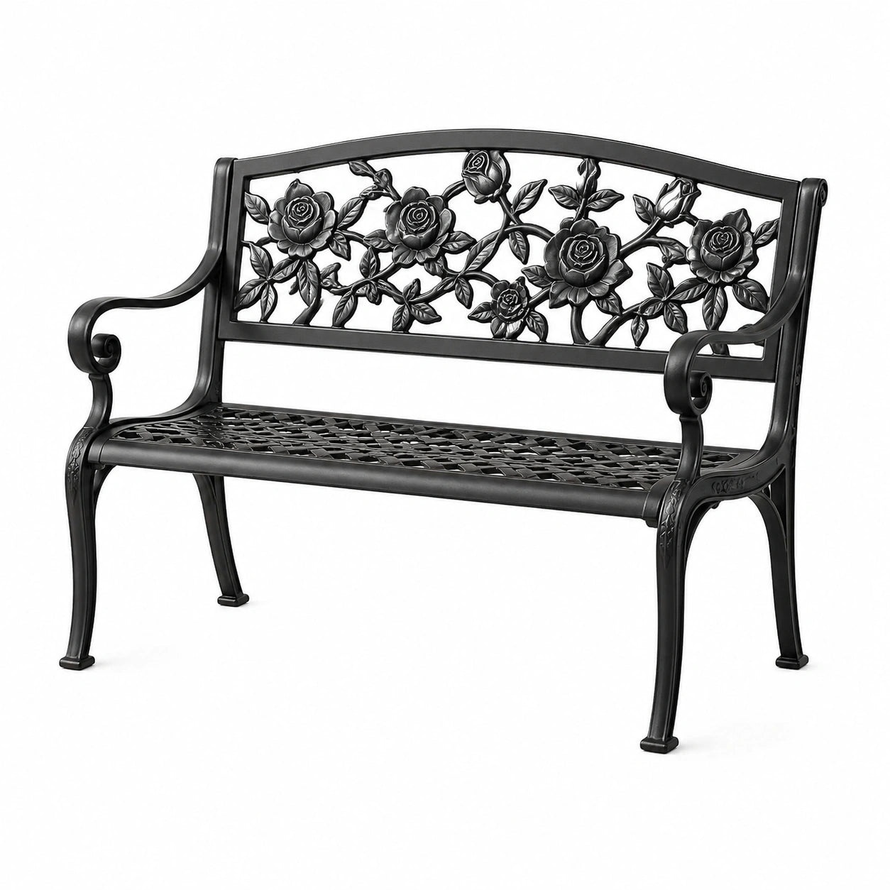 Schwarze Gartenbank aus Aluminium und Gusseisen mit Blumenmuster